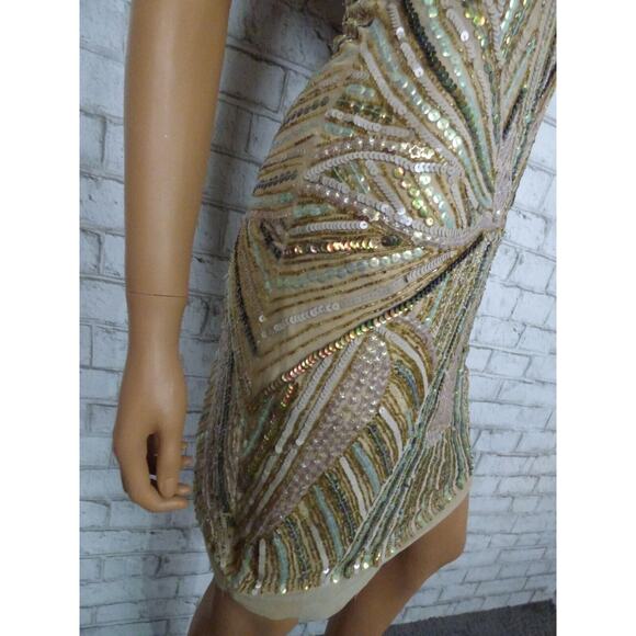 $1400 Jean Louis Scherrer Sequin Beaded Beize Mini Sheath Dress Small NEW - Picture 6 of 13